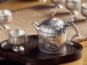 现代中国风-鸟笼创意纯银茶具