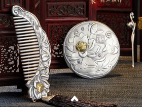 现代中国风-荷花银梳银镜纯银梳妆套装
