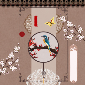 中国风手绘花鸟屏图插画