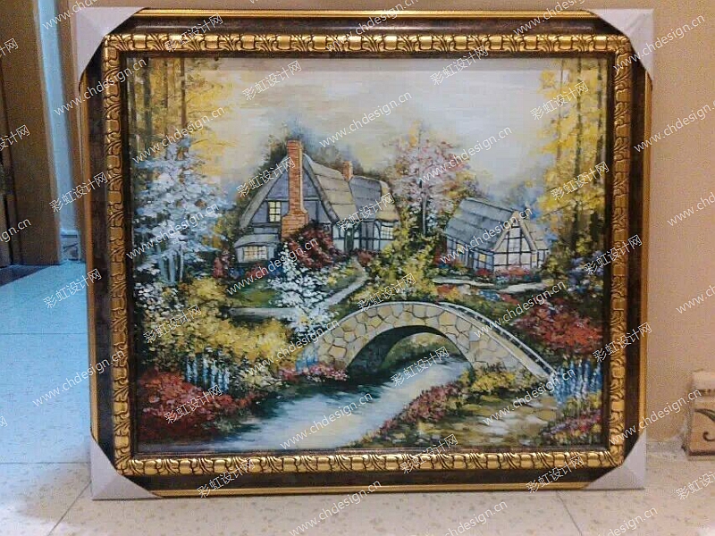 拱桥小屋景色油画