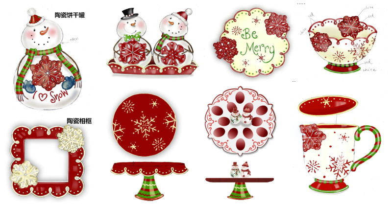 欧美圣诞雪人雪花陶瓷用品系列（口杯、高脚果盘、碟碗、罐、相框）