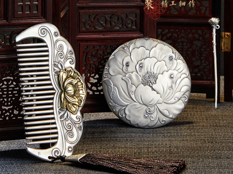 现代中国风-牡丹花开富贵银梳银镜纯银梳妆套装