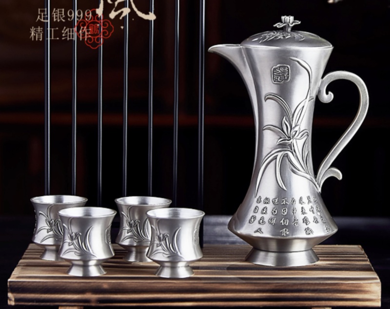 现代中国风-兰花创意纯银酒具酒壶酒杯