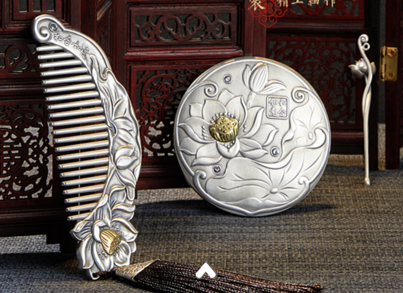 现代中国风-荷花银梳银镜纯银梳妆套装